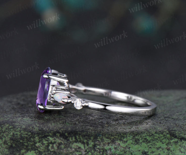 Oval cut purple amethyst opal ring vintage half eternity unique engagement ring anniversary wedding ring gift