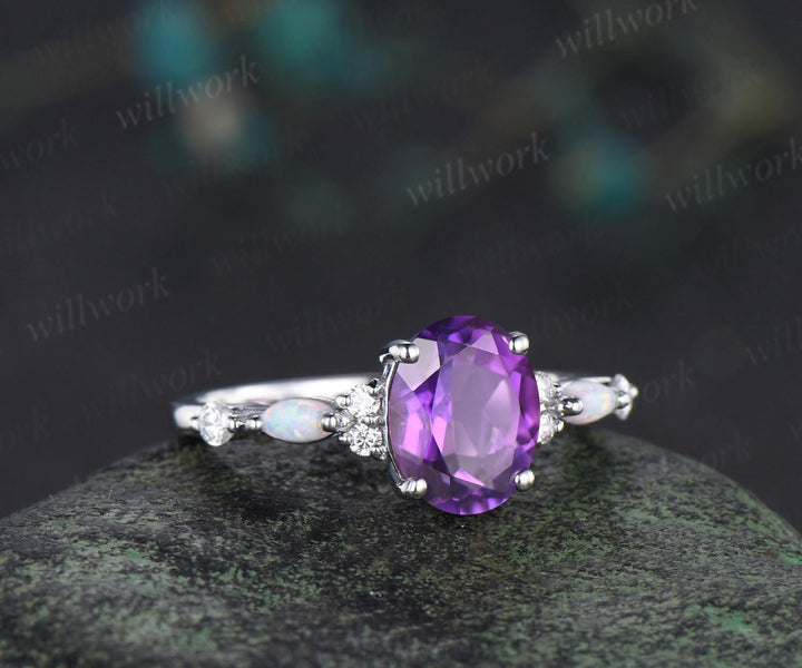 Oval cut purple amethyst opal ring vintage half eternity unique engagement ring anniversary wedding ring gift