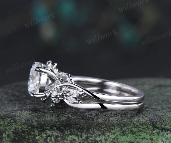 2ct round cut lab grown diamond moissanite engagement ring set leaf nature inspired promise wedding bridal ring set jewelry