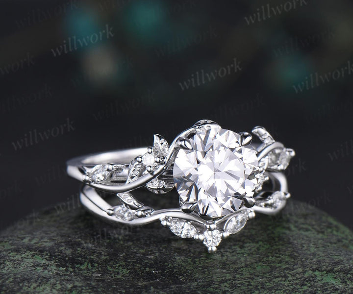 2ct round cut lab grown diamond moissanite engagement ring set leaf nature inspired promise wedding bridal ring set jewelry