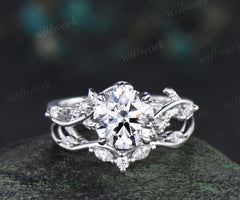 2ct round cut IGI lab grown diamond moissanite engagement ring set leaf nature inspired promise wedding bridal ring set jewelry