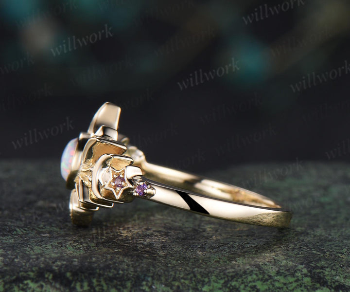 5mm round bezel opal ring vintage sun moon star five stone engagement ring solid 14k yellow gold amethyst wedding ring women gift