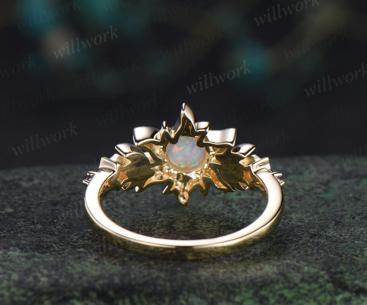 5mm round bezel opal ring vintage sun moon star five stone engagement ring solid 14k yellow gold amethyst wedding ring women gift