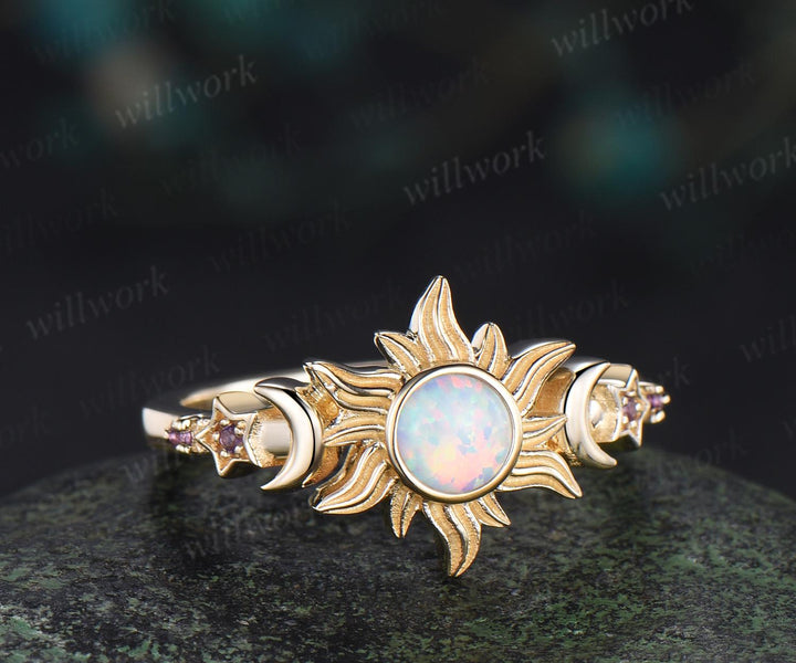 5mm round bezel opal ring vintage sun moon star five stone engagement ring solid 14k yellow gold amethyst wedding ring women gift