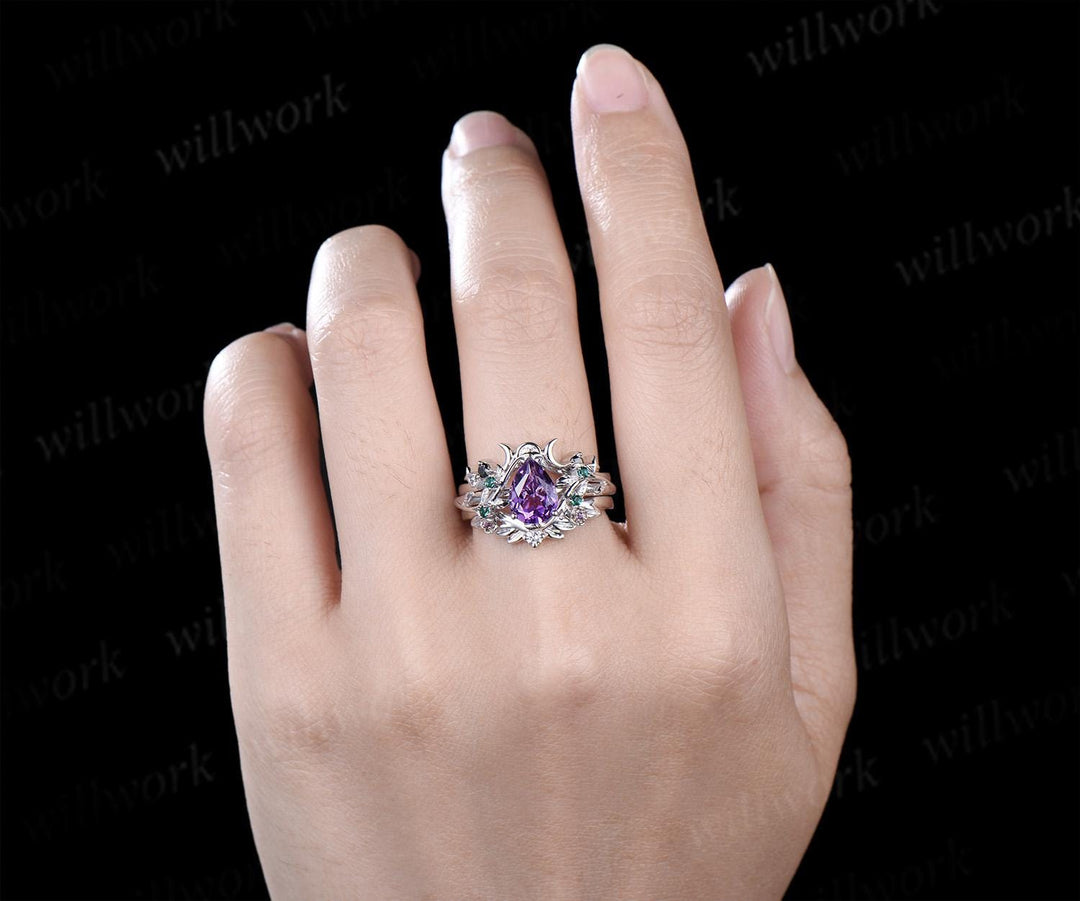 Unique pear amethyst engagement ring set leaf sun moon bridal set women emerald nature inspired wedding ring set jewelry
