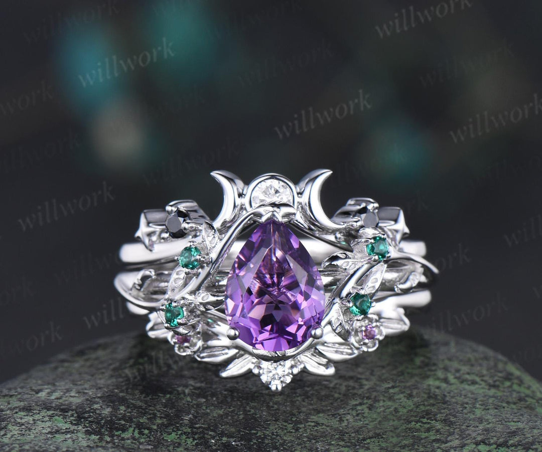 Unique pear amethyst engagement ring set leaf sun moon bridal set women emerald nature inspired wedding ring set jewelry