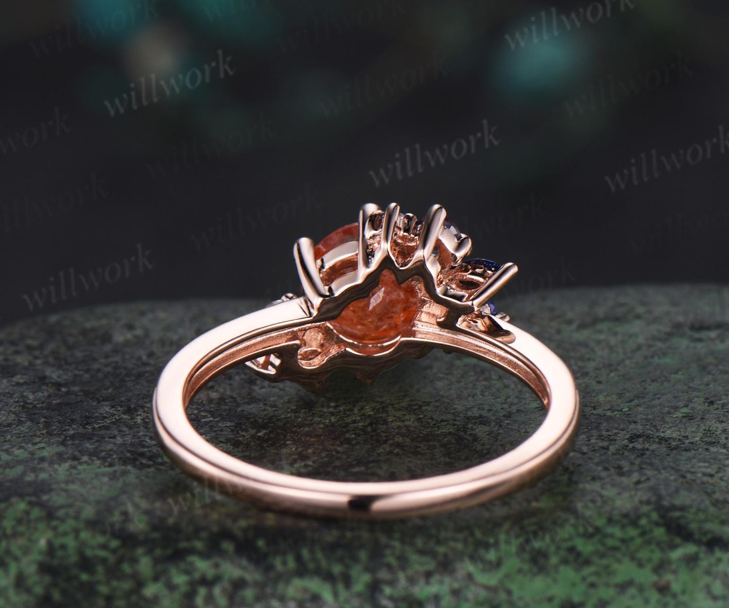 Round cut sunstone engagement ring rose gold cluster alexandrite