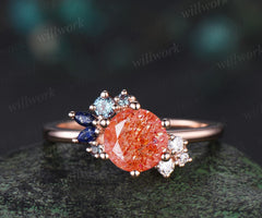 Round cut sunstone engagement ring rose gold cluster alexandrite lapis lazuli wedding ring women 6 prong bridal ring
