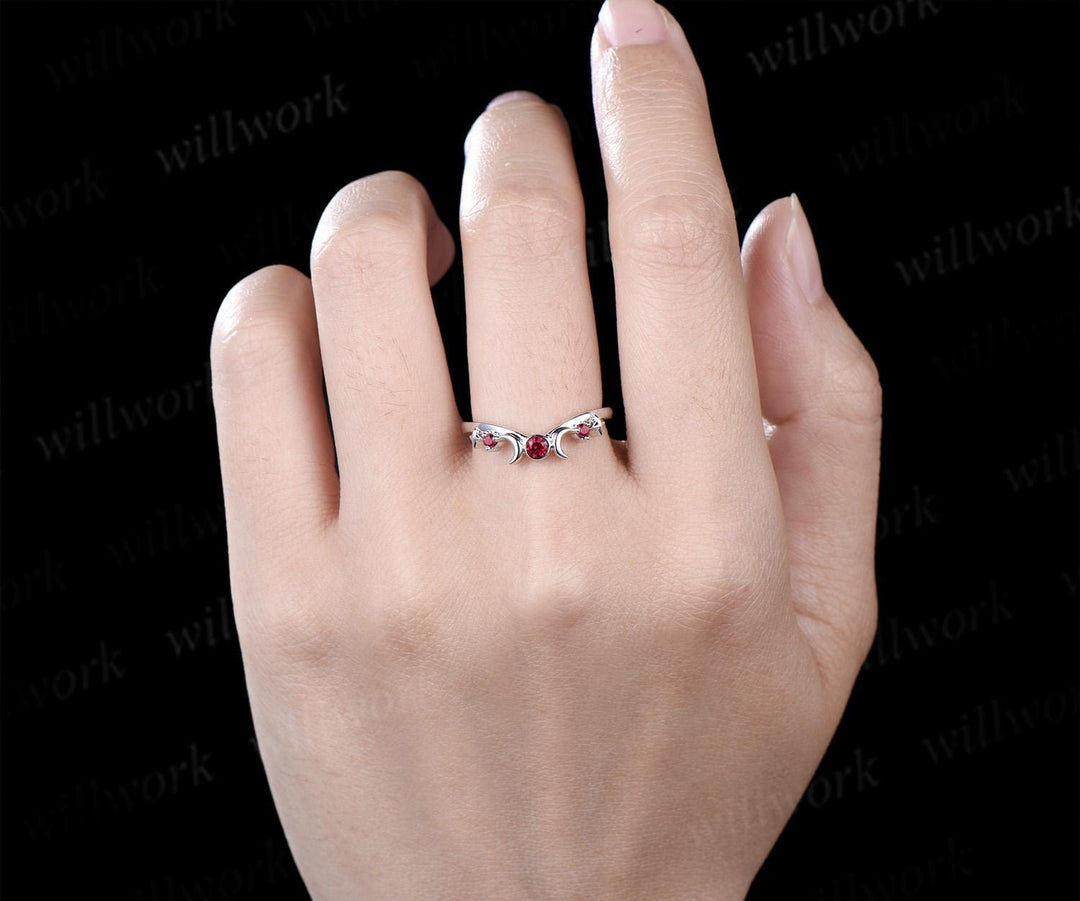 Moon star bezel red ruby curved wedding band solid 14k white gold sun three stone stacking bridal anniversary ring women gift