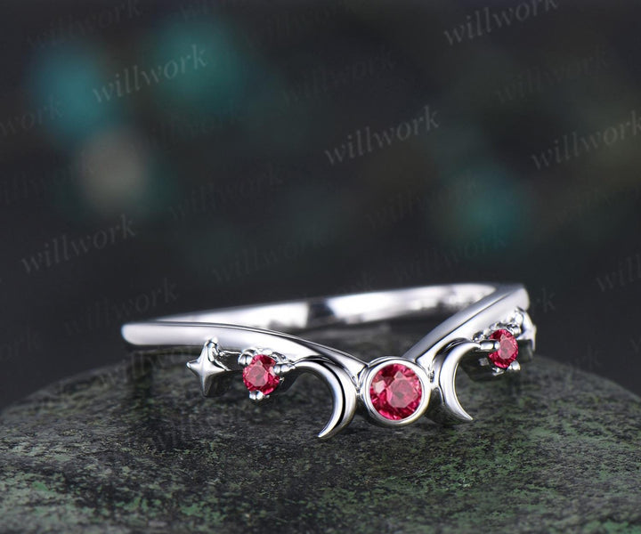 Moon star bezel red ruby curved wedding band solid 14k white gold sun three stone stacking bridal anniversary ring women gift