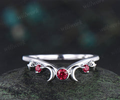 Moon star bezel red ruby curved wedding band solid 14k white gold sun three stone stacking bridal anniversary ring women gift