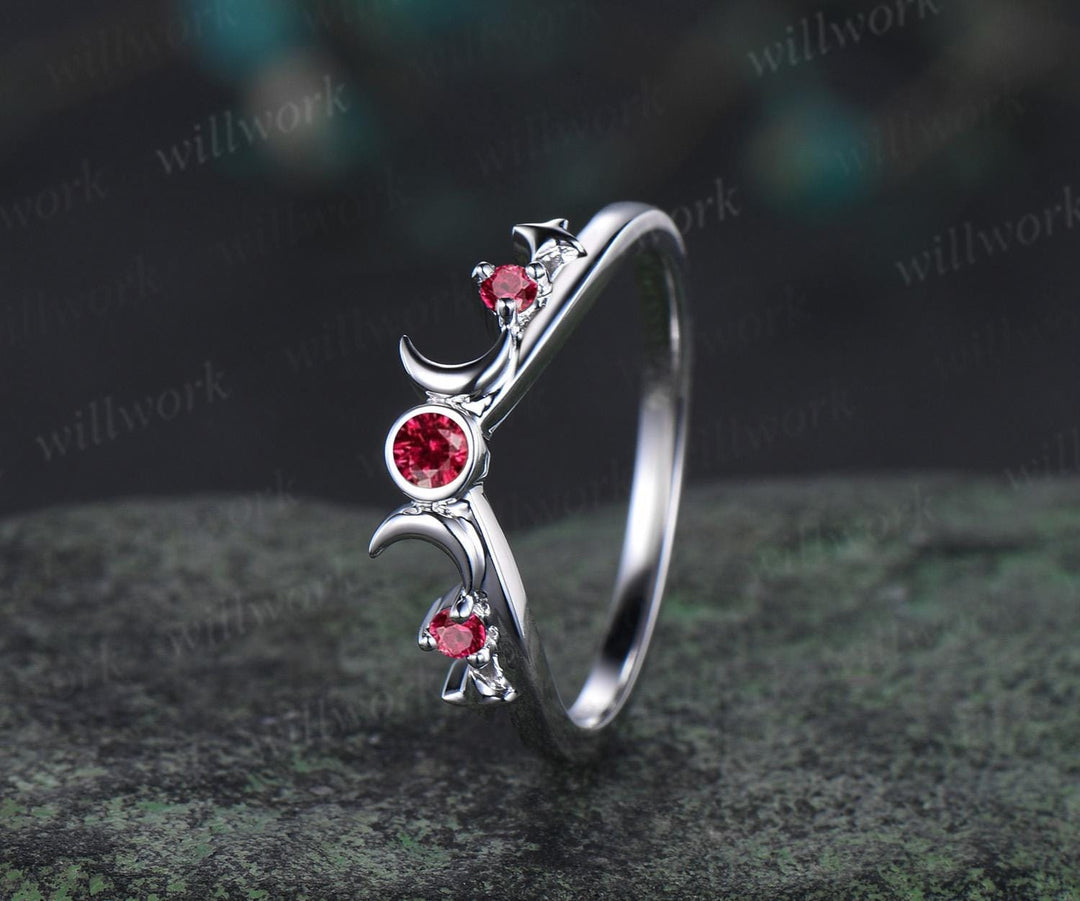 Moon star bezel red ruby curved wedding band solid 14k white gold sun three stone stacking bridal anniversary ring women gift