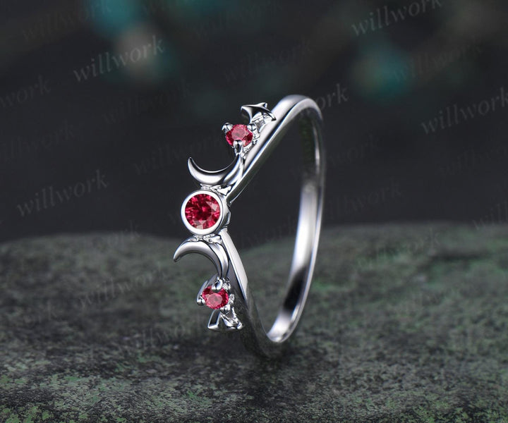 Moon star bezel red ruby curved wedding band solid 14k white gold sun three stone stacking bridal anniversary ring women gift