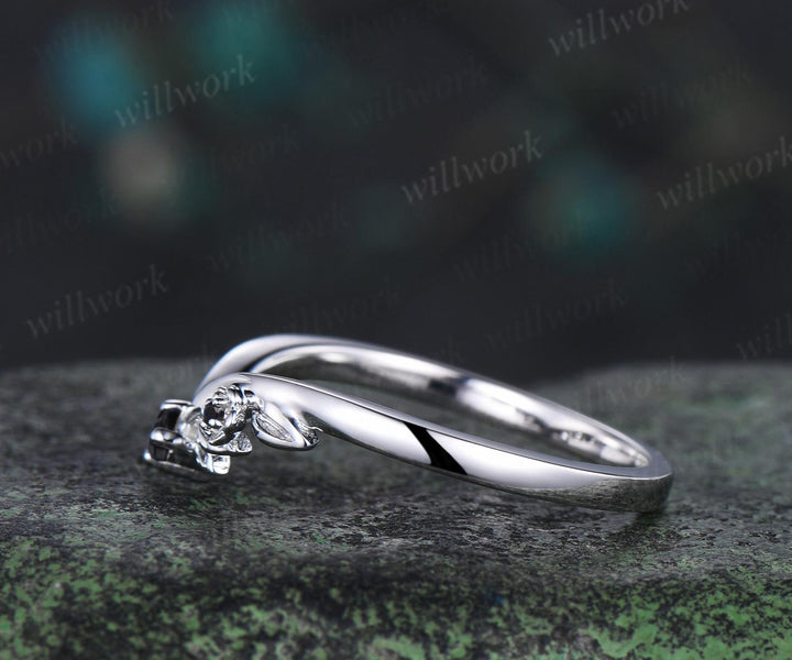Leaf floral Black diamond curved wedding band solid 14k white gold nature inspired three stone stacking bridal anniversary ring women gift