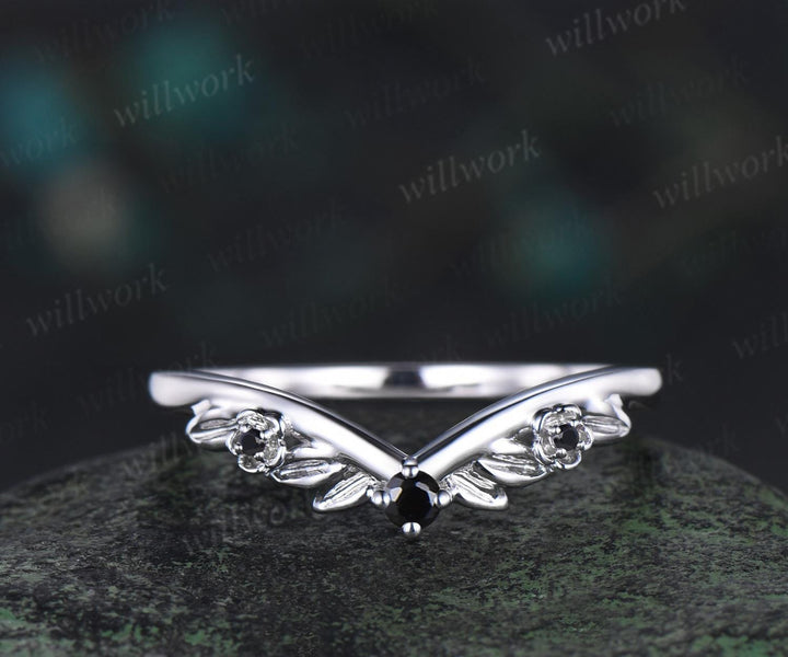 Leaf floral Black diamond curved wedding band solid 14k white gold nature inspired three stone stacking bridal anniversary ring women gift