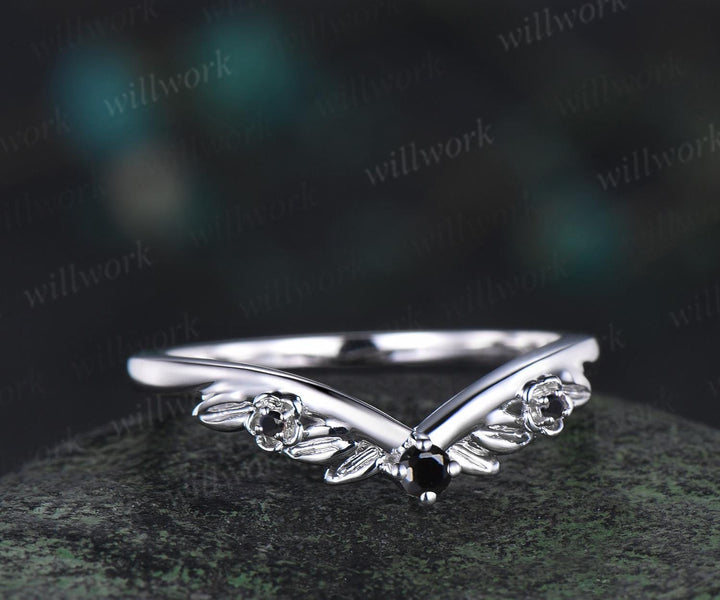 Leaf floral Black diamond curved wedding band solid 14k white gold nature inspired three stone stacking bridal anniversary ring women gift