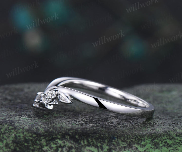 Three stone floral leaf diamond wedding band solid 14k white gold stacking matching bridal anniversary ring gift