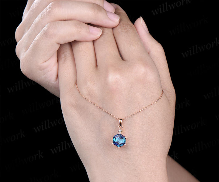 Unique hexagon cut alexandrite necklace 14k rose gold two stone diamond pendant women Personalized June birthstone anniversary bridal gift