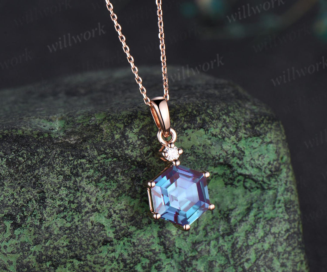 Unique hexagon cut alexandrite necklace 14k rose gold two stone diamond pendant women Personalized June birthstone anniversary bridal gift