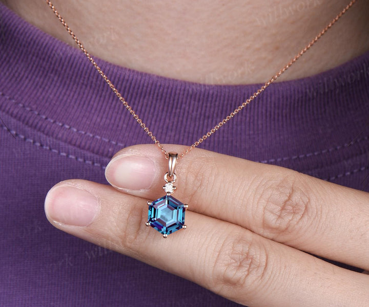 Unique hexagon cut alexandrite necklace 14k rose gold two stone diamond pendant women Personalized June birthstone anniversary bridal gift