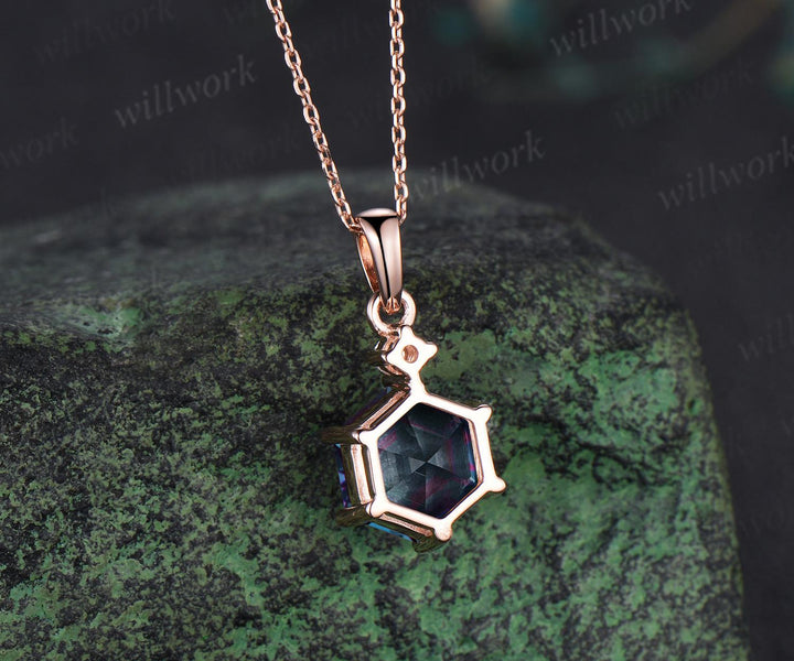 Unique hexagon cut alexandrite necklace 14k rose gold two stone diamond pendant women Personalized June birthstone anniversary bridal gift
