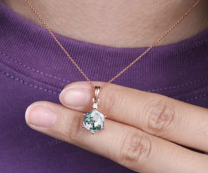 Unique hexagon cut moss agate necklace 14k rose gold two stone diamond pendant women Personalized 6 prong anniversary bridal gift