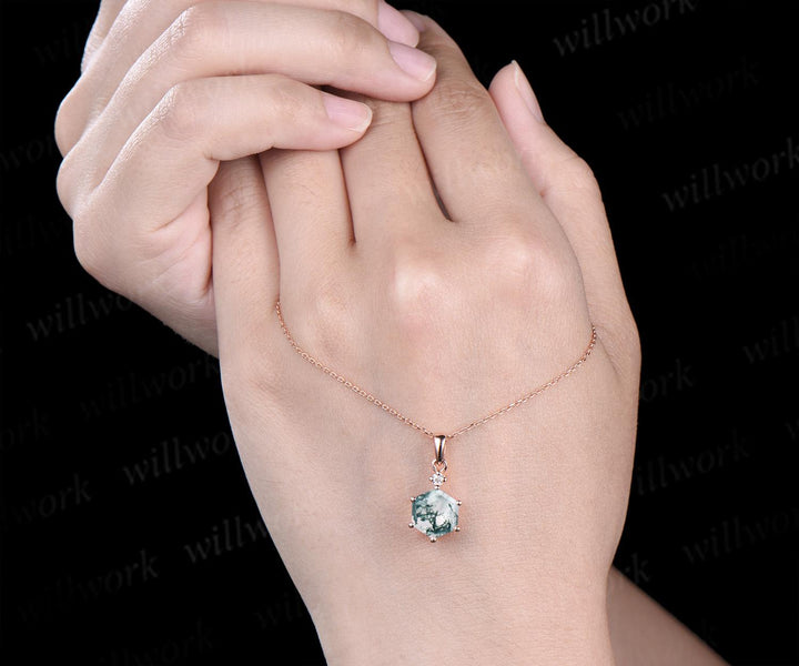 Unique hexagon cut moss agate necklace 14k rose gold two stone diamond pendant women Personalized 6 prong anniversary bridal gift