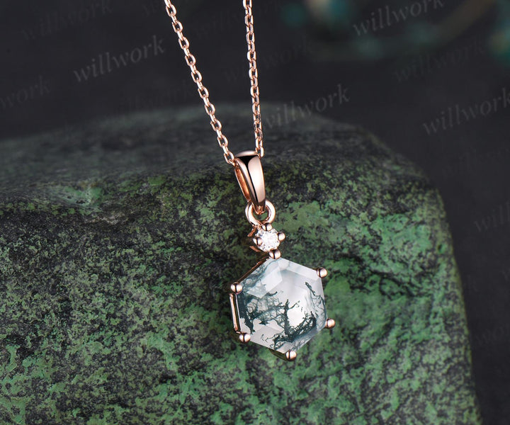 Unique hexagon cut moss agate necklace 14k rose gold two stone diamond pendant women Personalized 6 prong anniversary bridal gift