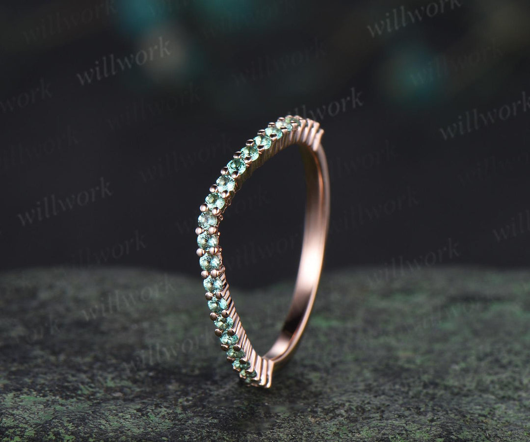 Curved green emerald wedding band 14k rose gold matching stacking bridal wedding ring women