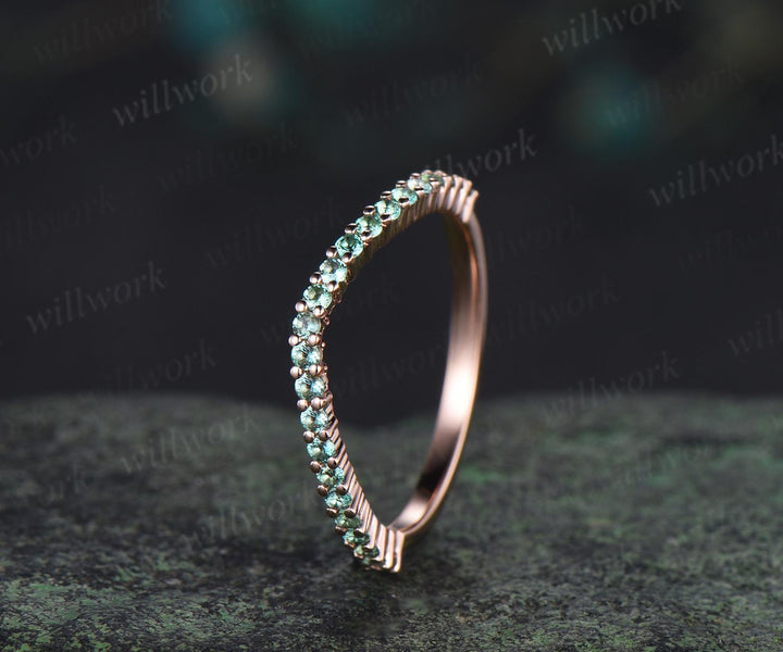 Curved green emerald wedding band 14k rose gold matching stacking bridal wedding ring women