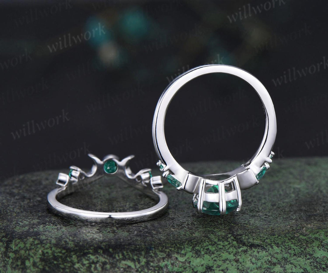 Round cut green emerald ring vintage 18k white gold moon five stone unique engagement ring emerald bezel sun star ring jewelry