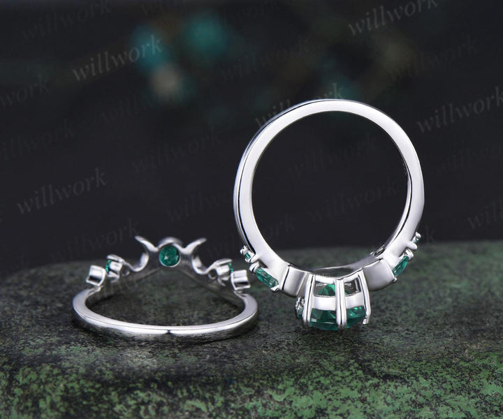 Round cut green emerald ring vintage 18k white gold moon five stone unique engagement ring emerald bezel sun star ring jewelry