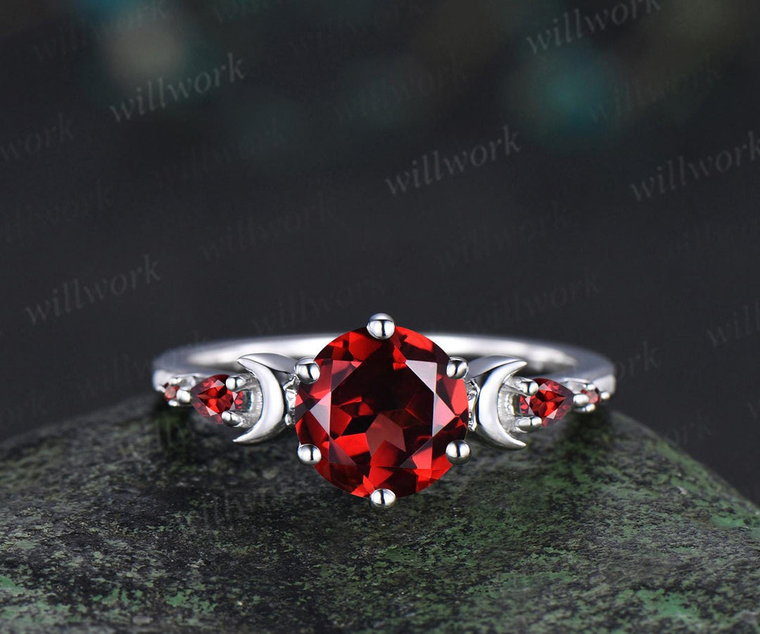 Round cut red garnet ring vintage 14k 18k white gold moon five stone unique engagement ring women bezel sun star wedding ring jewelry