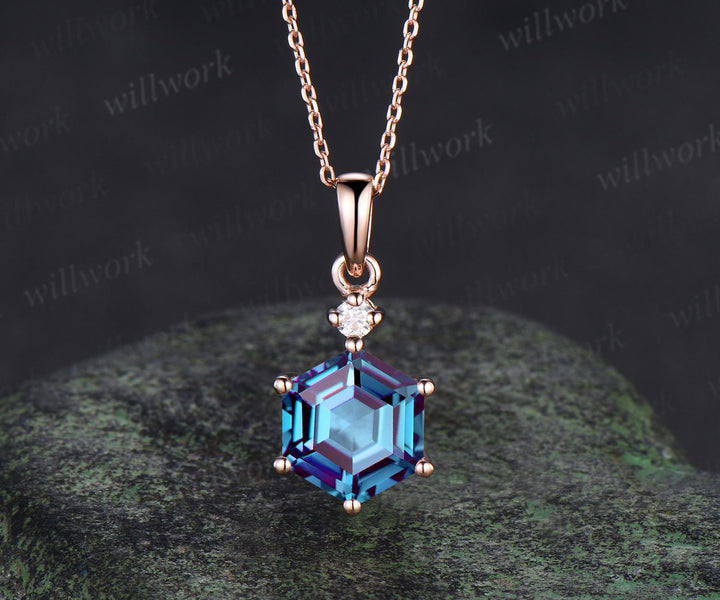 Unique hexagon cut alexandrite necklace 14k rose gold two stone diamond pendant women Personalized June birthstone anniversary bridal gift
