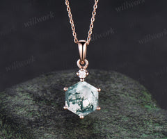 Unique hexagon cut moss agate necklace 14k rose gold two stone diamond pendant women Personalized 6 prong anniversary bridal gift