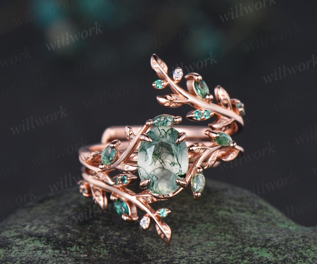 Vintage emerald leaf wedding band enhancer wraps solid 14k rose gold cluster double moissanite ring women art deco anniversary gift