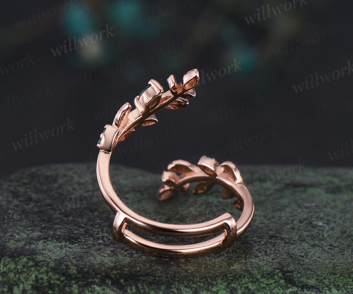 Vintage emerald leaf wedding band enhancer wraps solid 14k rose gold cluster double moissanite ring women art deco anniversary gift