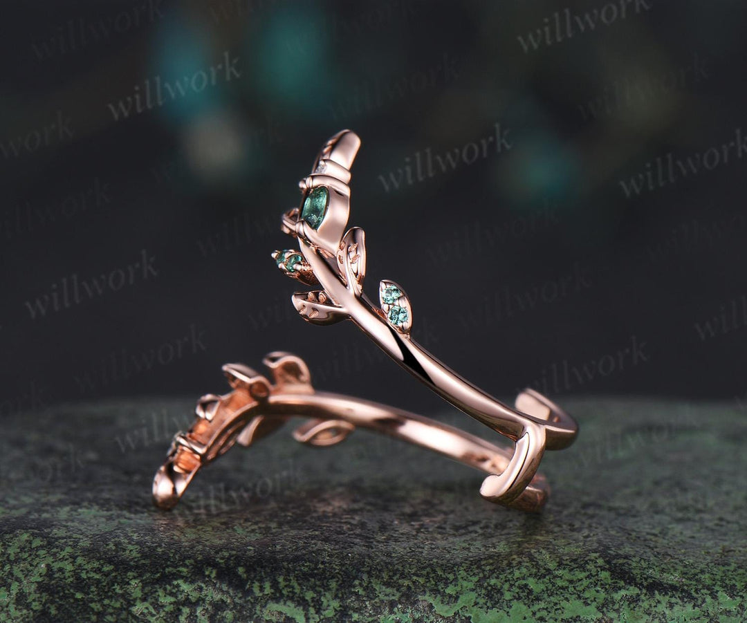 Vintage emerald leaf wedding band enhancer wraps solid 14k rose gold cluster double moissanite ring women art deco anniversary gift