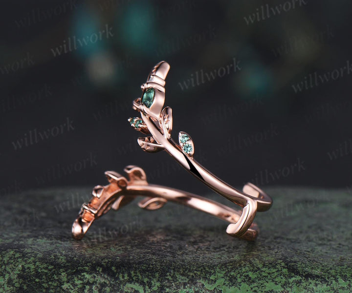 Vintage emerald leaf wedding band enhancer wraps solid 14k rose gold cluster double moissanite ring women art deco anniversary gift