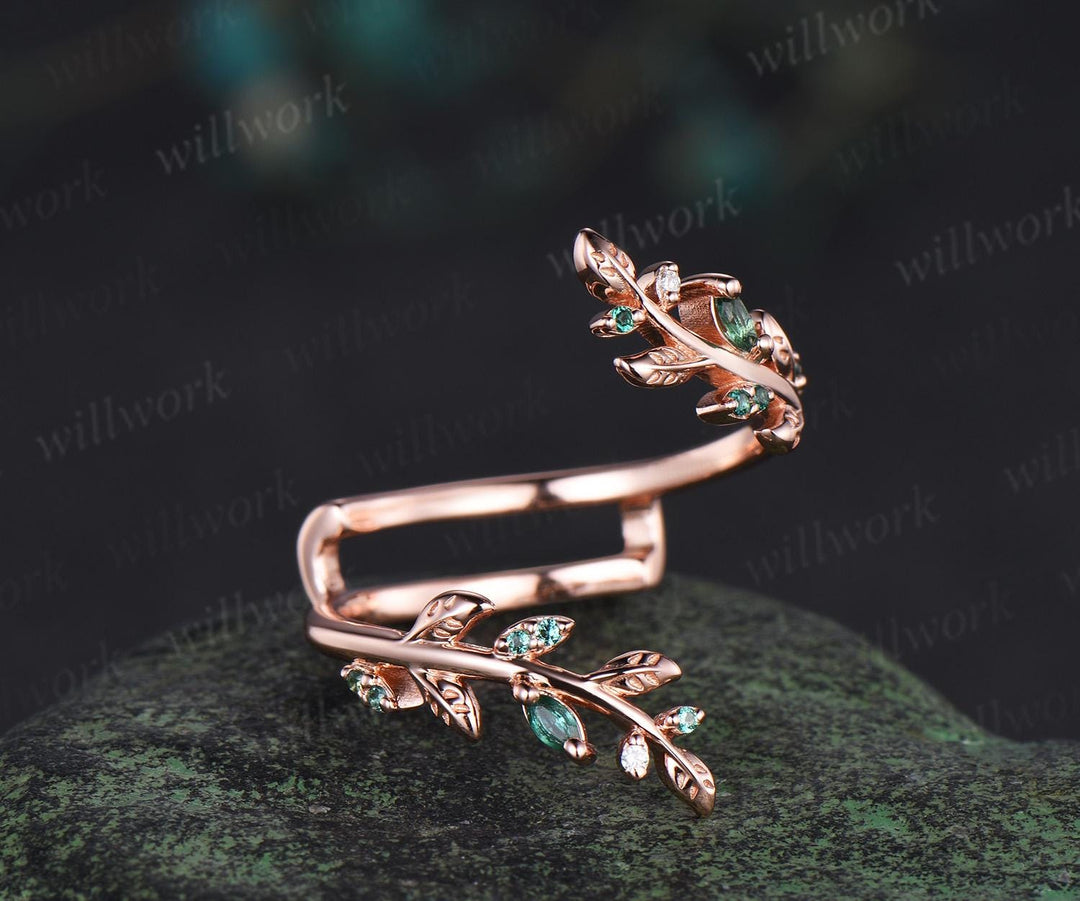 Vintage emerald leaf wedding band enhancer wraps solid 14k rose gold cluster double moissanite ring women art deco anniversary gift
