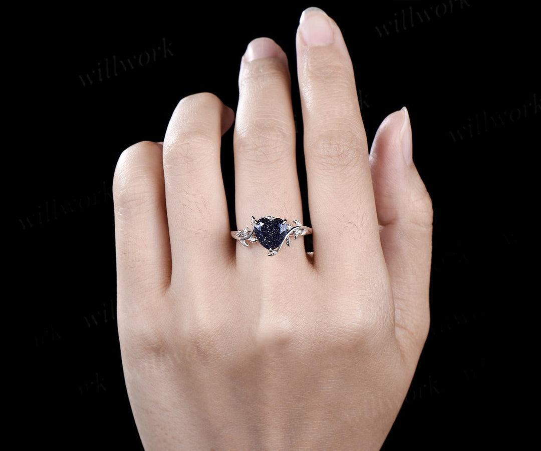 8mm heart shaped blue sandstone ring vintage Nature inspired solitaire leaf engagement ring white gold branch wedding ring women silver