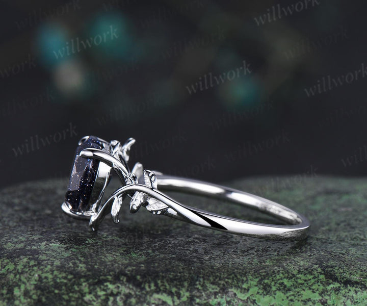 8mm heart shaped blue sandstone ring vintage Nature inspired solitaire leaf engagement ring white gold branch wedding ring women silver