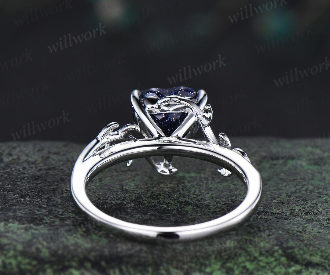 8mm heart shaped blue sandstone ring vintage Nature inspired solitaire leaf engagement ring white gold branch wedding ring women silver