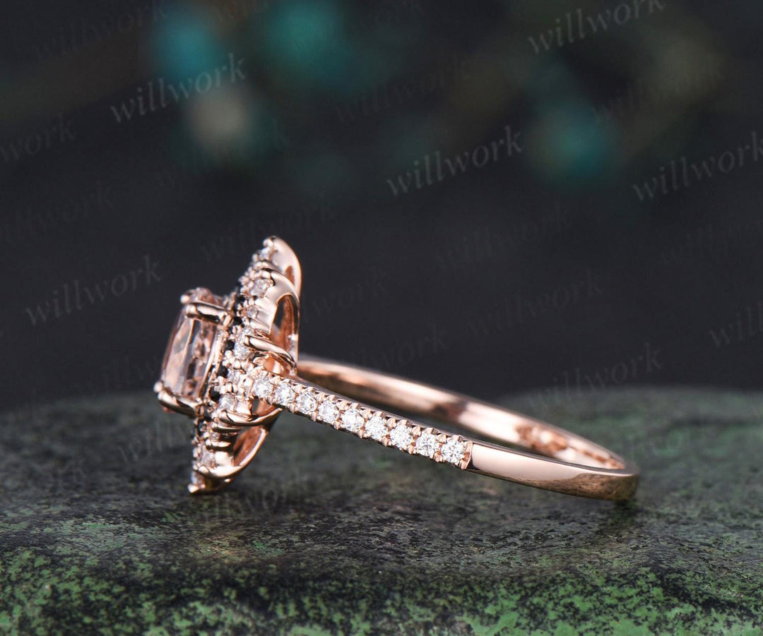 1ct round cut morganite ring vintage unique double halo engagement ring women snowdrift black spinel moissanite promise ring her