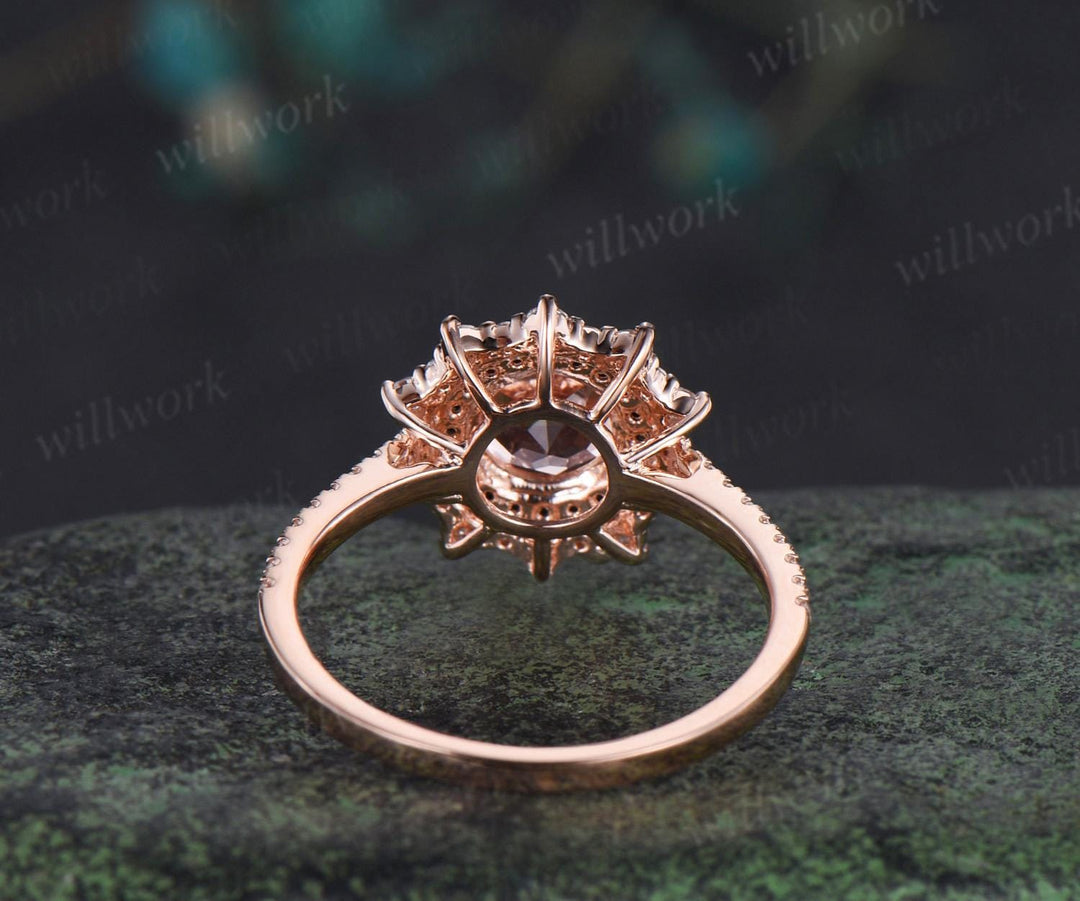 1ct round cut morganite ring vintage unique double halo engagement ring women snowdrift black spinel moissanite promise ring her