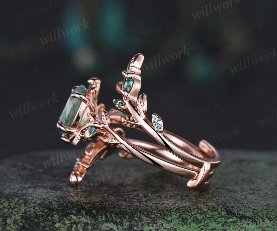 Vintage oval moss agate engagement ring set 14k rose gold leaf five stone wedding band enhancer women unique promise bridal ring set gift