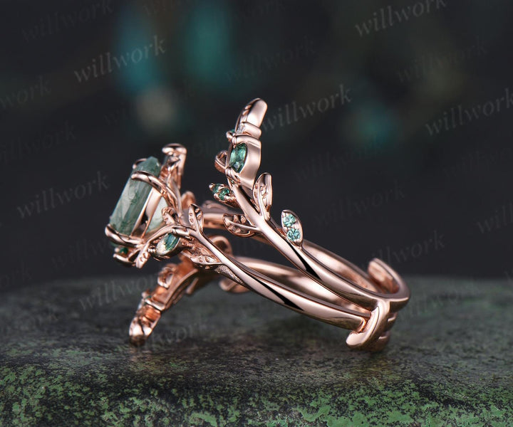 Vintage oval moss agate engagement ring set 14k rose gold leaf five stone wedding band enhancer women unique promise bridal ring set gift