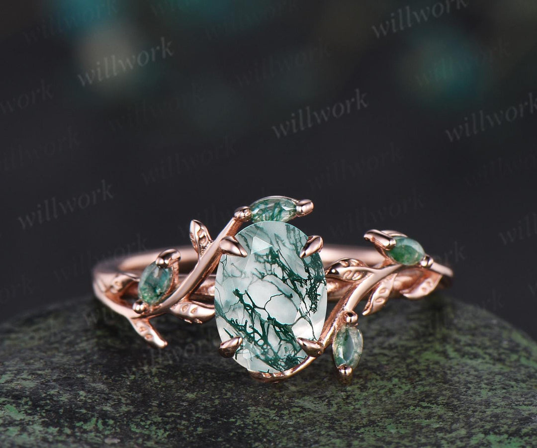 Vintage oval moss agate engagement ring set 14k rose gold leaf five stone wedding band enhancer women unique promise bridal ring set gift