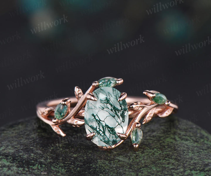 Vintage oval moss agate engagement ring set 14k rose gold leaf five stone wedding band enhancer women unique promise bridal ring set gift