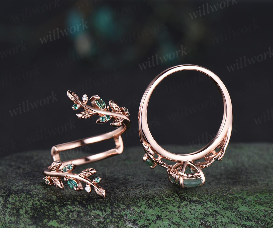 Vintage oval moss agate engagement ring set 14k rose gold leaf five stone wedding band enhancer women unique promise bridal ring set gift